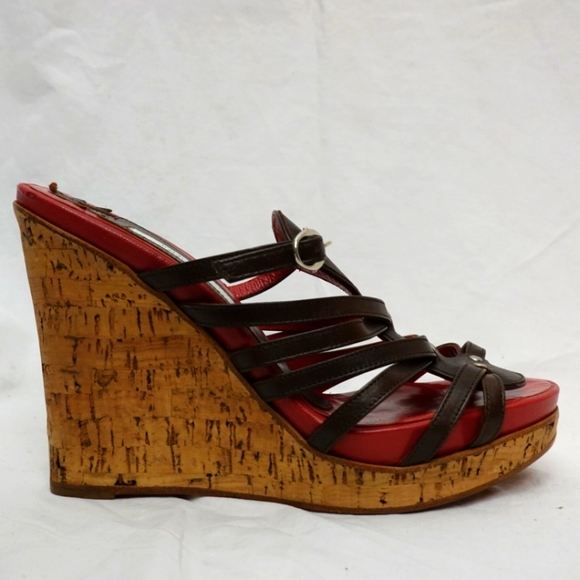 Pollini Shoes - POLLINI Red & Brown Strappy Cork Platform Wedge Sandals, size 37
